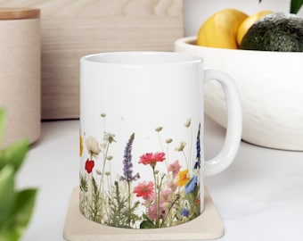 Wildflowers Ceramic Mug, Floral Tea Cup, Gift for Plant Lover