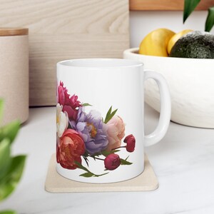 Peonies Mug, Boho flowers Coffee Mug, Vintage Floral Tea Cup, Pastel Nature Mug, Watercolor Flowers, Gift for plant lover