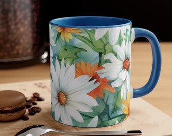 Daisies Ceramic Mug, Floral Coffee Cup, Personalized Gift