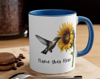 Personalized Sunflower & Hummingbird Mug, Sunflower Coffee Mug, Sunflower Tea Cup, Sunflower Gifts For Her, Gift for Woman