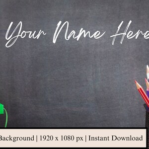 May include: A green apple sits on top of a stack of books in front of a chalkboard with the text "Your Name Here" written in white chalk. A pencil holder with colored pencils is on the right side of the image.
