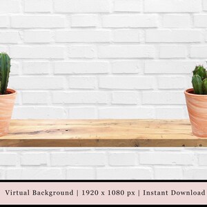 May include: Two potted cactus plants on a wooden shelf against a white brick wall background.  Virtual Background | 1920 x 1080 px | Instant Download