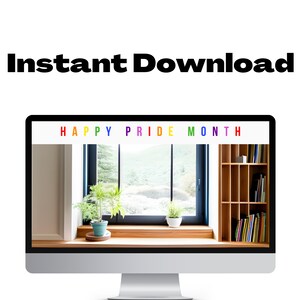 May include: A computer screen displaying a window with a view of a forest and a bookshelf. The text "HAPPY PRIDE MONTH" is displayed in rainbow colors at the top of the screen.
