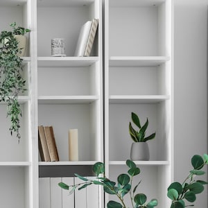 May include: White bookshelf with four shelves on each side. The shelves are empty except for a potted plant on the top shelf of the left side, a stack of books on the third shelf of the left side, a potted plant on the second shelf of the right side, and a stack of books on the bottom shelf of the right side.
