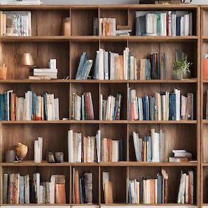 May include: A large wooden bookcase with multiple shelves filled with books. The bookcase is divided into sections and has a light brown wood finish.