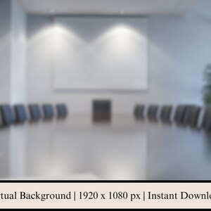 May include: A virtual background image of a conference room with a long table and chairs. The room is empty and has a white wall with a projector screen. The image is 1920 x 1080 pixels.
