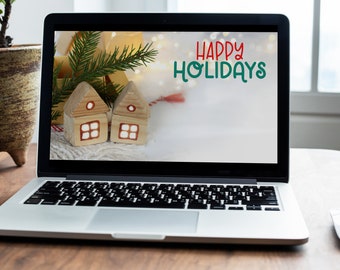Happy Holidays Zoom Background Home Office, Christmas Virtual Background, Remote Work Virtual Meetings Backdrop, Winter Snow Zoom Download