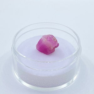 May include: A pink ruby gemstone in a clear plastic container with a white felt lining.
