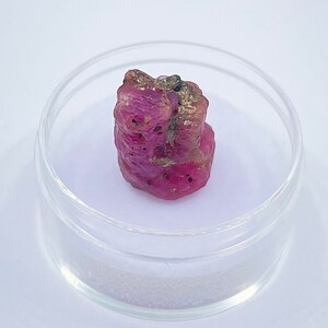 May include: A rough, pink ruby gemstone with a dark gray inclusion. The ruby is in a clear, round container.
