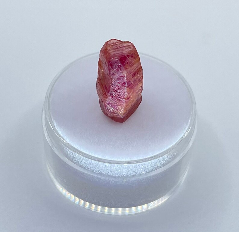 K&ouml;nnte beinhalten: Ein facettierter, r&ouml;tlich-rosa Kristall, pr&auml;sentiert in einem transparenten, runden Beh&auml;lter. Der Kristall hat eine nat&uuml;rliche, raue Textur mit Farbvariationen, die von tiefem Rosa bis zu helleren Farbt&ouml;nen reichen. Der Beh&auml;lter steht auf einer wei&szlig;en Oberfl&auml;che.
