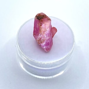 May include: A pink ruby crystal with a rough, natural appearance. The crystal is displayed on a white background.