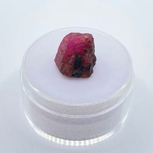 May include: A deep pink ruby crystal with black inclusions, displayed in a clear plastic container.