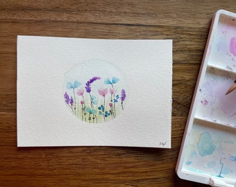 hand-made watercolor floral landscape / flowers / self-made / painting / light / botanical art / plants / gift / minimalism / aquarell