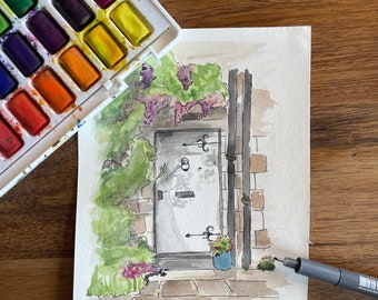 handgemaltes Aquarell Mittelmeertür / Landhaus / Natur / Sommer / selbstgemacht / Malerei