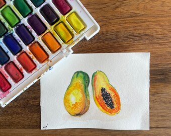 handgemalte Miniatur Papaya / Früchte Kunst / selbst gemacht / Malerei / Licht / Pflanzen / Geschenk / Minimalismus / Aquarell