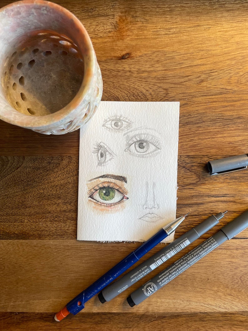 Miniatur Augen-Skizzen, Bleistift, Tusche und Aquarell Bild 1