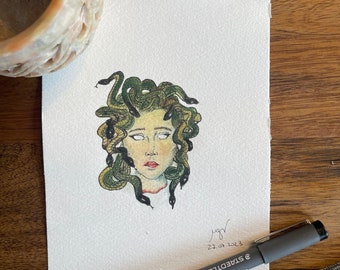 handgemalte Skizze Medusa eingefärbt in Aquarell / Kunst / Skizze / Aquarell / ästhetisch / einfach / Mythologie