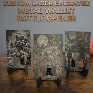 Poke pal Laser Engraved wallet bottle openers. Pocket monster
