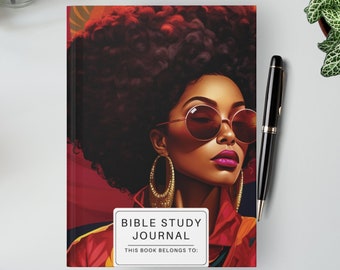 May include: A red, black, and gold journal with a woman wearing sunglasses and large hoop earrings on the cover. The text on the cover reads "Bible Study Journal" and "This book belongs to."