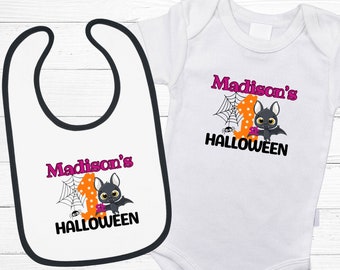 Halloween custom baby bib Fall Personalized baby gift set beanie bib combo Infant girl outfit autumn maternity new baby shower Newborn gift