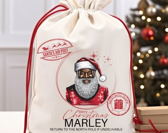 Gepersonaliseerde zwarte kerstmanzak, gepersonaliseerde linnen kerstcadeauzakje