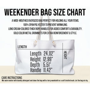 May include: White canvas weekender bag with cream-colored rope handles and gold grommets. The bag measures 24.02 inches long, 12.99 inches high, 5.51 inches deep, and the handle is 11.42 inches long.
