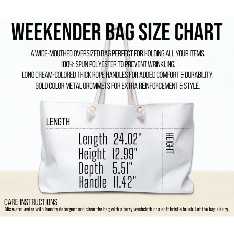 May include: White canvas weekender bag with cream-colored rope handles and gold grommets. The bag measures 24.02 inches long, 12.99 inches high, 5.51 inches deep, and the handle is 11.42 inches long.