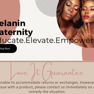 May include: Three women of colour with dark skin tones are smiling and looking at the camera. The image has a pink and white background with the text "Melanin Maternity Educate.Elevate.Empower Shop Now" and "Love It Guarantee".