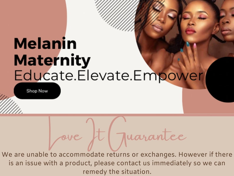 May include: Three women of colour with dark skin tones are smiling and looking at the camera. The image has a pink and white background with the text "Melanin Maternity Educate.Elevate.Empower Shop Now" and "Love It Guarantee".