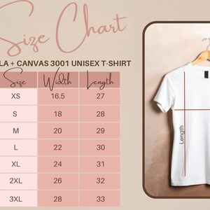 May include: Size chart for Bella + Canvas 3001 unisex t-shirt, showing width and length measurements in inches for sizes XS to 3XL.