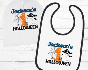 Halloween benutzerdefinierte Baby-Lätzchen-Herbst Personalisierte Baby Geschenk-Set Mütze Lätzchen Combo Säugling Jungen Outfit Herbst Mutterschaft neues Baby-Dusche Neugeborenen Geschenk