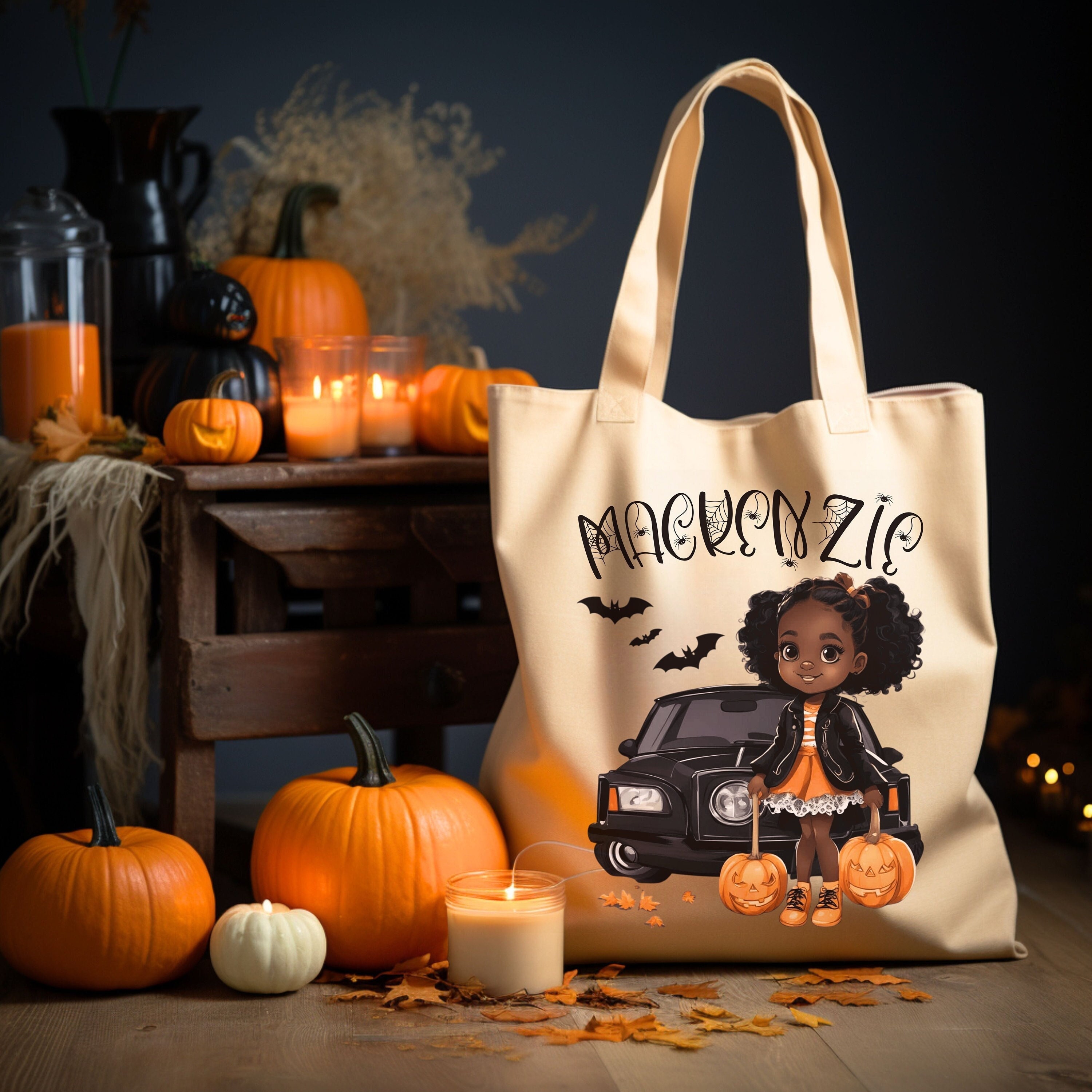 Halloween Tween Mädchen Geschenk Personalisierte, Kinder schwarze Mädchen Leinwand Retro ästhetische Herbst Einkaufstasche, benutzerdefinierte Süßes oder Saures Sack, schwarz im Besitz