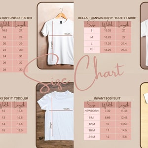May include: Size chart for Bella + Canvas 3001 unisex, youth, toddler, and infant bodysuit t-shirts. The chart shows the size, width, and length in centimetres for each garment.