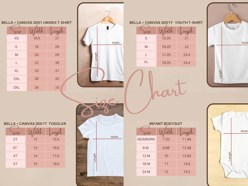 May include: Size chart for Bella + Canvas 3001 unisex, youth, toddler, and infant bodysuit t-shirts. The chart shows the size, width, and length in centimetres for each garment.