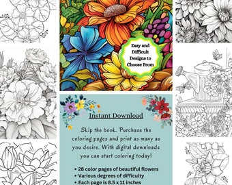 Instant Download Coloring Pages Amazing Art Beautiful Flowers Various Designs Easy to Challenging 8.5x11 Size