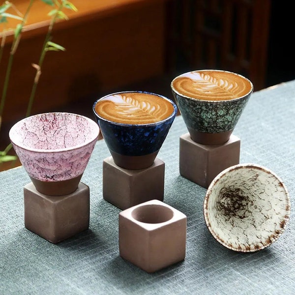 Tasses à café élégantes en forme de cône en céramique, ensemble de tasses à expresso, poterie brute de style vintage, cadeaux d'ensemble de tasses à thé, tasse à expresso en céramique.