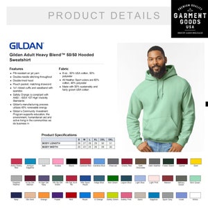 May include: A green hooded sweatshirt with the Gildan logo and product details. The sweatshirt is made of a blend of cotton and polyester. The product specifications include body length and width in inches.
