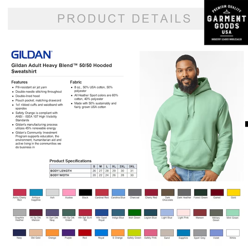 May include: A green hooded sweatshirt with the Gildan logo and product details. The sweatshirt is made of a blend of cotton and polyester. The product specifications include body length and width in inches.