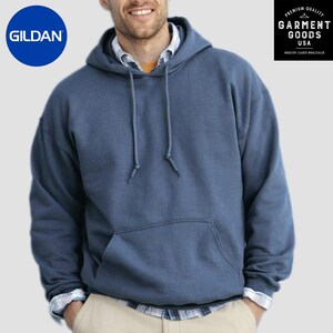 May include: A blue hooded sweatshirt with a pouch pocket. The sweatshirt is made by Gildan and has the text "Gildan" on the left side of the image. The text "Premium Quality Garment Goods USA Industry Leader Wholesaler" is on the right side of the image.