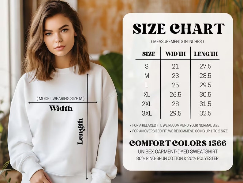 Puede incluir: Tabla de tallas para una sudadera unisex te&ntilde;ida en prenda. La tabla muestra las medidas de ancho y largo en pulgadas para las tallas S a 3XL. La sudadera est&aacute; hecha de 80% algod&oacute;n hilado en anillo y 20% poli&eacute;ster.