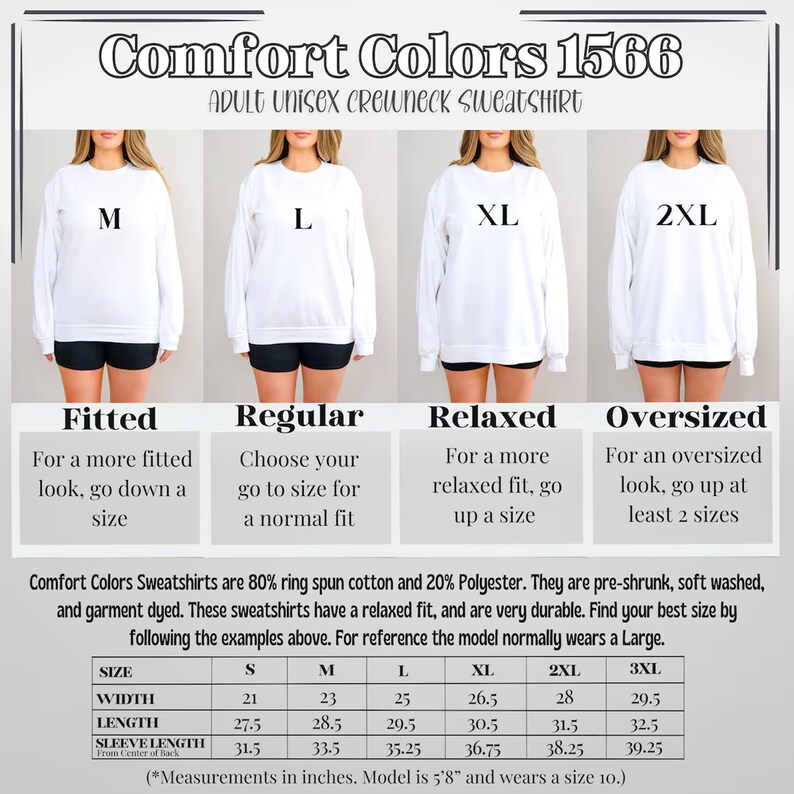 Puede incluir: Tabla de tallas para sudaderas con cuello redondo unisex para adultos Comfort Colors 1566. La tabla muestra el ancho, la longitud y la longitud de la manga en pulgadas para las tallas S a 3XL. La modelo mide 1,73 m y lleva una talla 10.