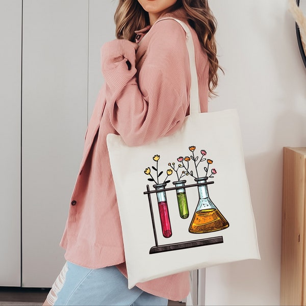 Floral Beakers Tote Bag, Back to School MLT Medical Lab Tech Technician, Laboratory Science Teacher Appreciation, Chemistry Gift for Teacher