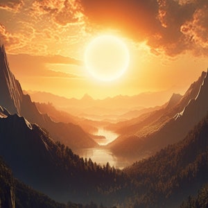 May include: A scenic landscape with a bright orange sunset over a valley with a river winding through it. The sun is a bright white circle in the sky, surrounded by orange clouds. The mountains in the foreground are dark and silhouetted against the sunset.