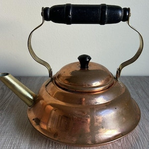 Vintage Copper Tea Pot Kettle 6&quot; diameter Wood And Brass Handle