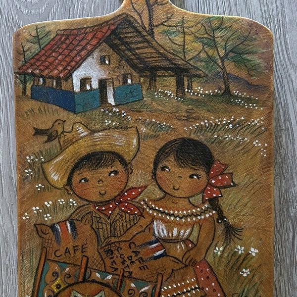 VTG Decorative Wood Cutting Board Folk Painting Costa Rica Coffee Plantation