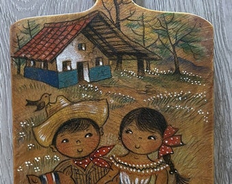 VTG Tabla de corte de madera decorativa Pintura popular Plantación de café de Costa Rica