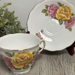 Vintage Royal Vale Bone China England Teacup & Saucer Yellow Pink Floral Roses