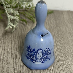 Vintage Blue White Porcelain Bell With Flowers And Praying Hands Cottage Country