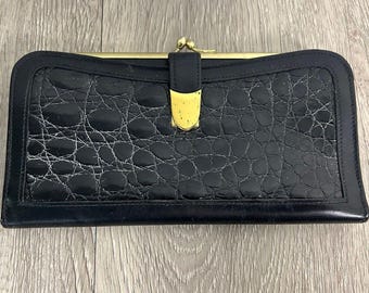 Cartera vintage Lady Bosca de piel de becerro, piel negra, interior blanco, detalles dorados