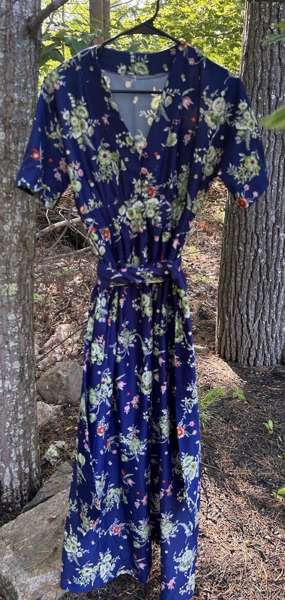 Vintage 70s Handmade Blue Floral Belted Maxi Dress Size S